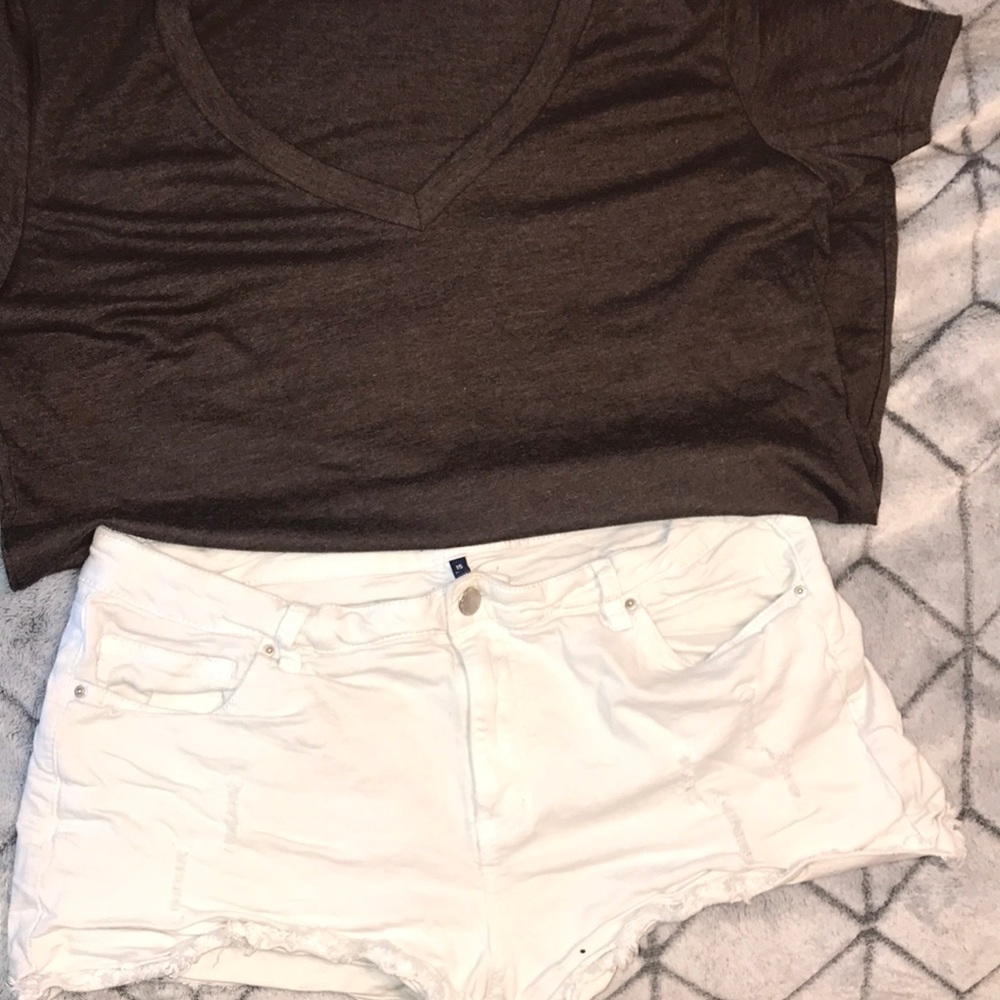 Distressed white shorts, brown v-neck tshirt